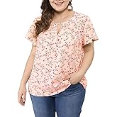 Agnes Orinda Women's Plus Size Blouses Summer Ruffle Short Sleeve Shirts Keyhole Chiffon Tops