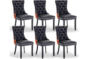 SoarFlash Leather Dining Chairs Set of 6, Tall Back Side Chair, Modern Upholstered Side Chair with Button Back Ring, Solid Wood Legs (Black&Orange)