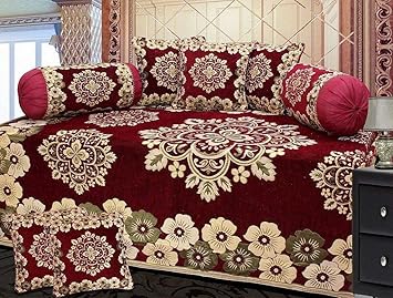 Smiling Home Premium Chenille DIWAN Set | 8 Pcs Set | Bed Cover with 5 Cushion Covers & 2 Bolster Covers