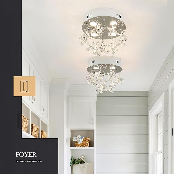 AOL FURIN 4-LIGHTS MODERN CHANDELIER K9 CRYSTAL LIGHTING FIXTURE,11.8 INCH ROUND SILVER STAINLESS STEEL FLUSH MOUNT CEILING LIGHTS FOR BEDROOM FOYER HALLWAY DINING ROOM,GU10 BULBS INCLUDE
