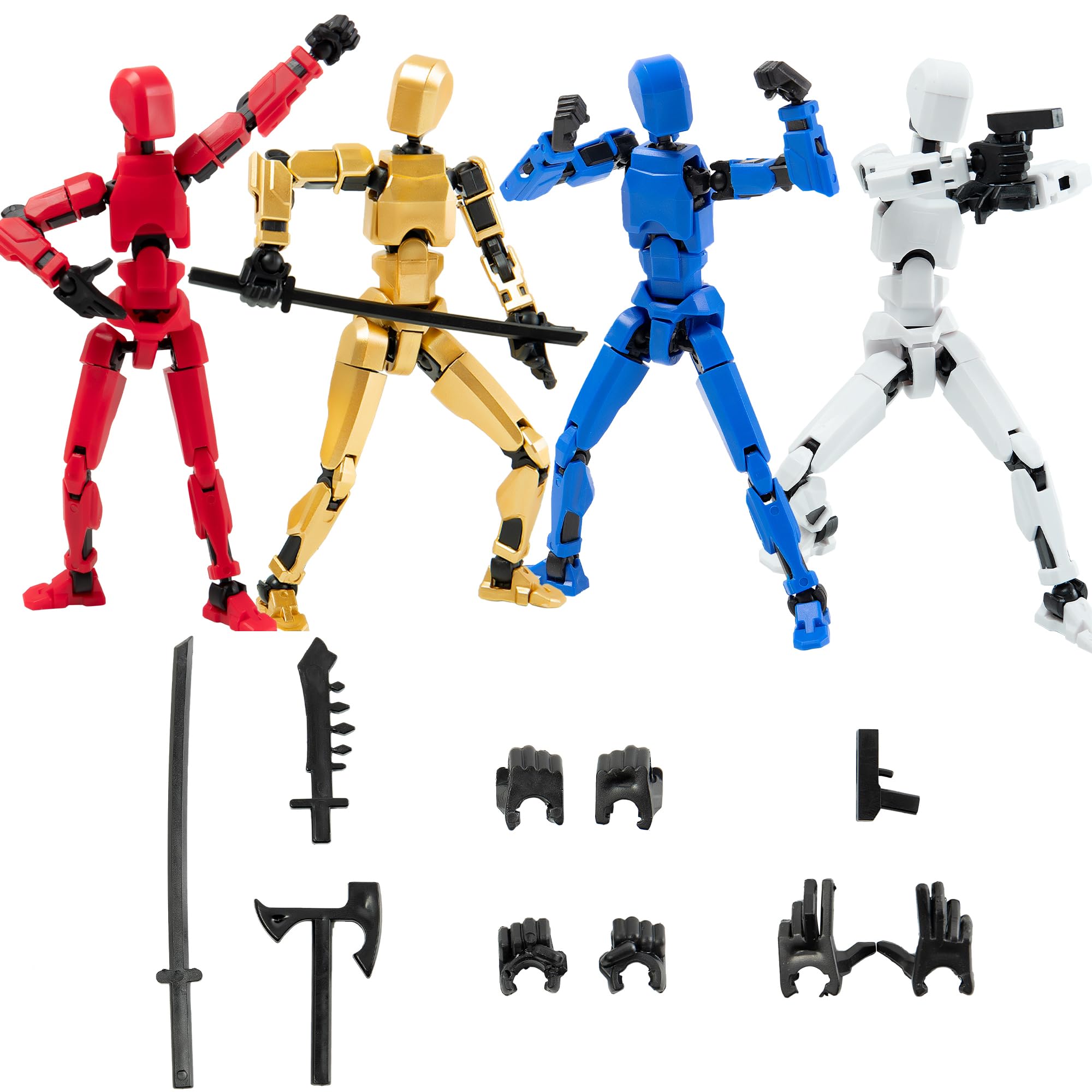 Photo 1 of Sulliwayu 4PCS Assembled Titan T-13 Action Figures Set Lucky Dummy Nova 13 Action Figure Robot Anime Stick Figures Fidget Toys for Boys Multi Movable Joints Gifts Toys for Kids (Golden+White+Blue+Red)
