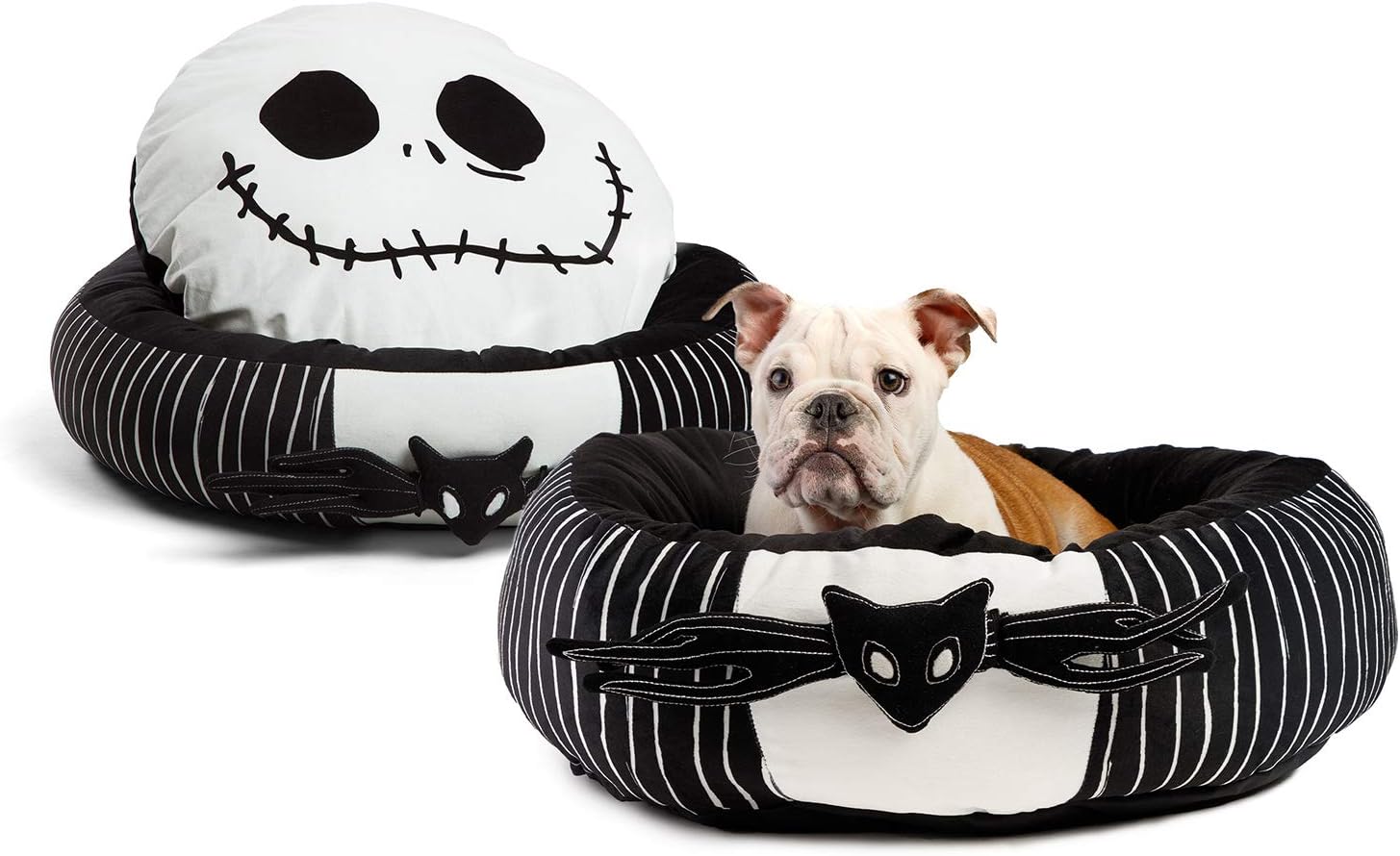 Disney Nightmare Before Christmas Jack Skellington Bolstered Round Bumper Dog Bed/Cat Bed with Removable Toy Bat, Reversible Insert, Dirt/Water Resistant Bottom, 24”x24”x7”