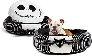 Disney Nightmare Before Christmas Jack Skellington Bolstered Round Bumper Dog Bed/Cat Bed with Removable Toy Bat, Reversible Insert, Dirt/Water Resistant Bottom, 24”x24”x7”