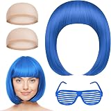 Aomig Short Bob Wig 4 Pack Blue Set with Sunglasses Cap Neon Fancy Dress Cosplay