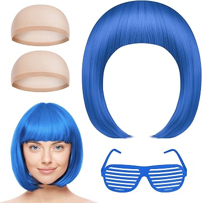 Aomig Short Bob Wig 4 Pack Blue Set with Sunglasses Cap Neon Fancy Dress Cosplay