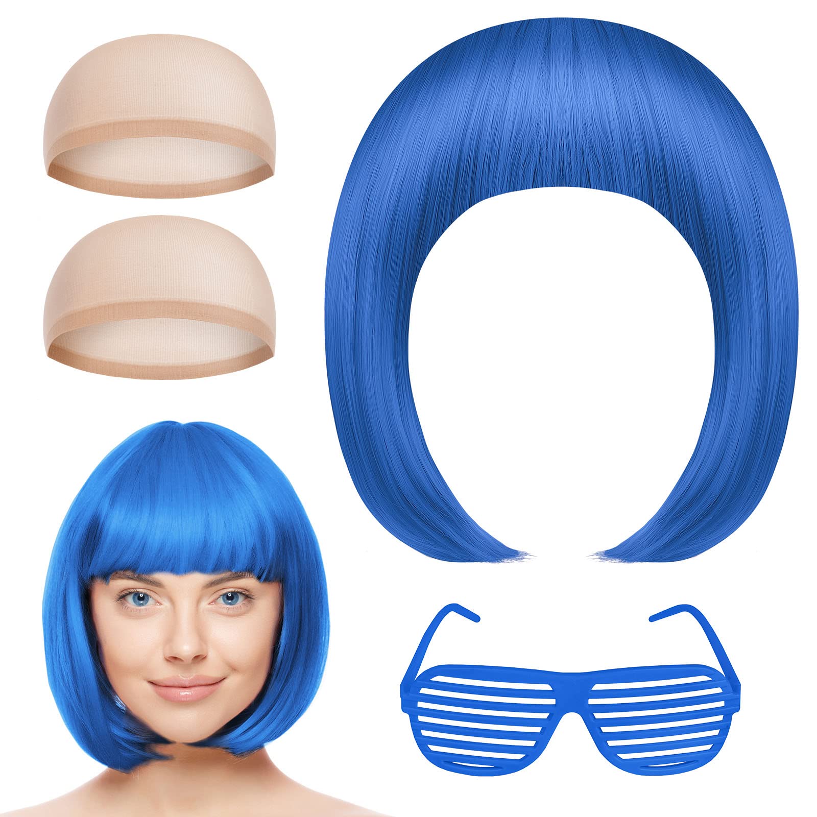 AOMIG Short Bob Wig for Women, 4 Pack Blue Set With Sunglass and Cap, Neon Fancy Dress Accessory Cosplay With Bangs, Synthetic Straight for Daily Halloween Party — image 1