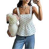 OYOANGLE Women's Polka Dots Sleeveless Tank Top Square Neck Babydoll Bow Tie Back Summer Ruffle Peplum Tops
