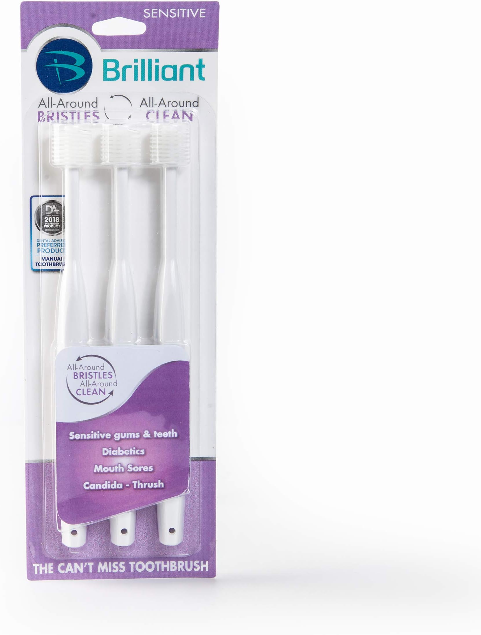 BrilliantOral Care Adult Sensitive Toothbrush with Extra Soft Bristles, Round Head, and Gentle All-Around Clean for Tender Teeth and Gums, White, 3 Pack