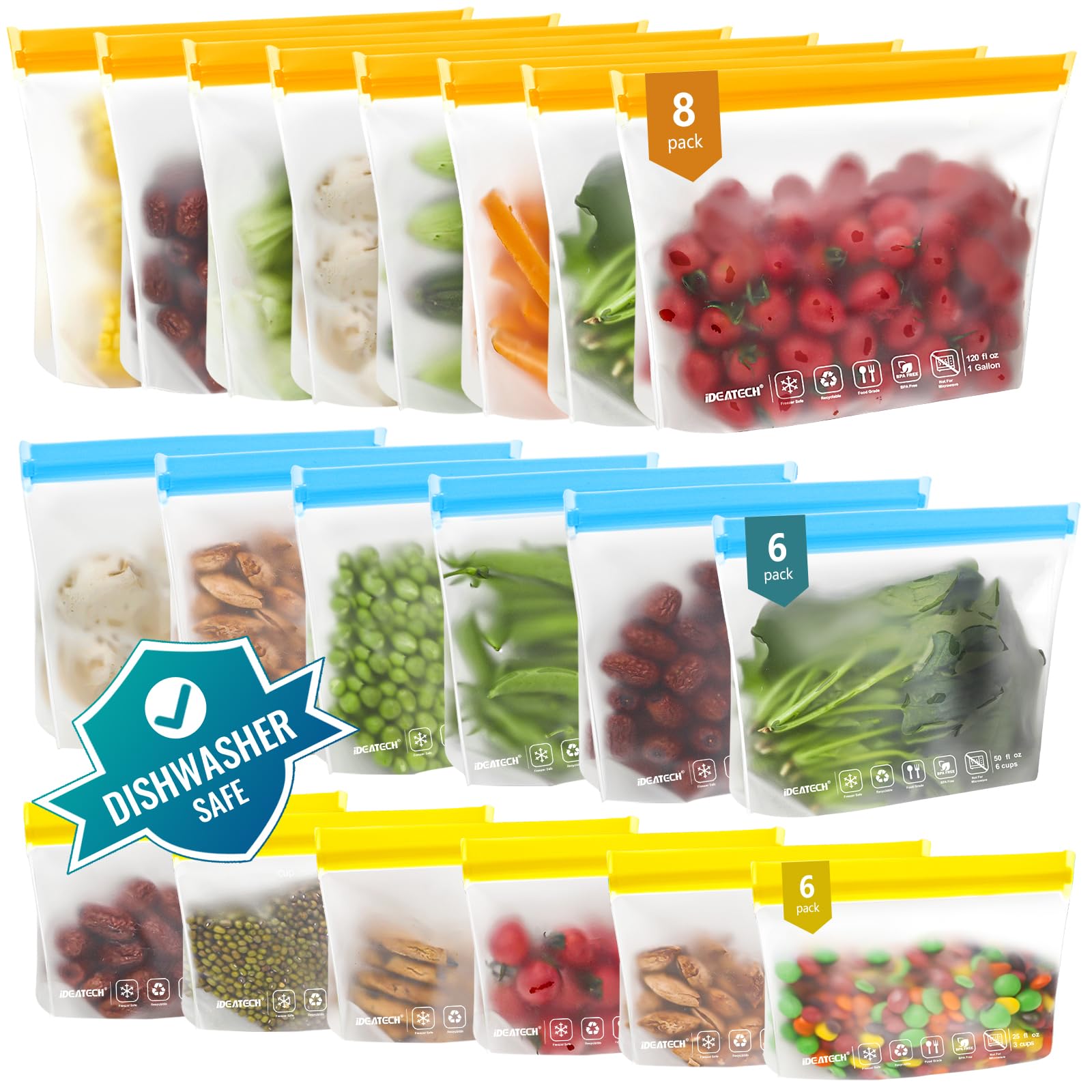 Photo 1 of IDEATECH 20Pack Reusable Bags Dishwasher Safe, Leakproof Reusable Freezer Bags, BPA Free Healthy Food Storage Contaizers Sandwich Snack Baggies for Lunch Travel(8 Gallon 6 Quart 6 Snack,Colored)