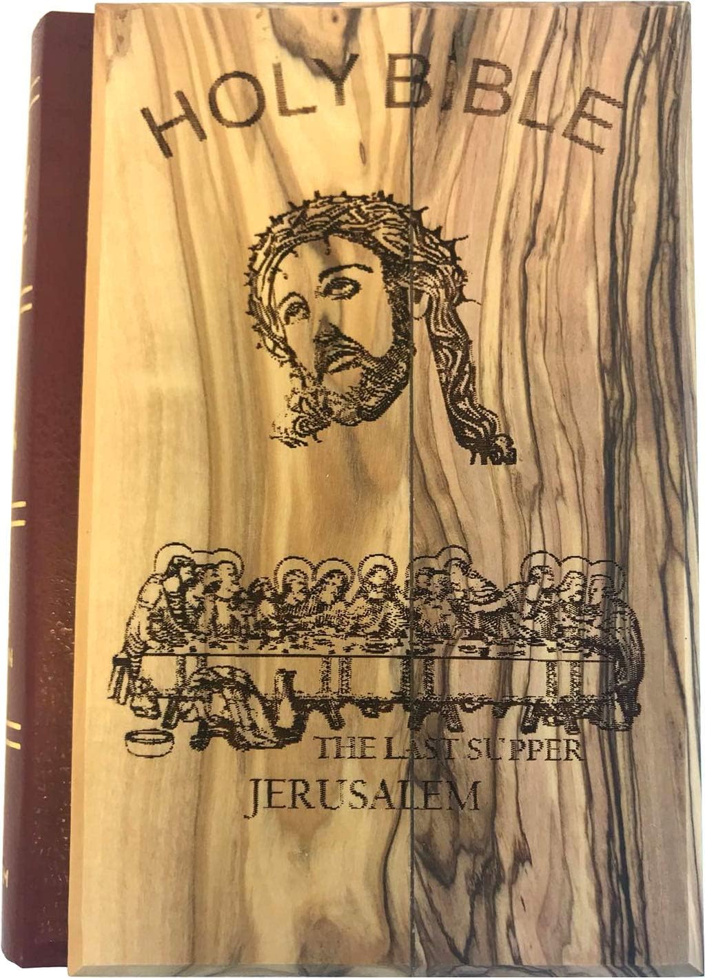 Holy Land MarketHoly Land Market Jerusalem Bible - Olive Wood Cover with Last Supper/Crucifixion, Red Letter Edition, English, 1094 Pages, Holy Land Olive Wood Cross - Jesus Face and Last Supper Engraved