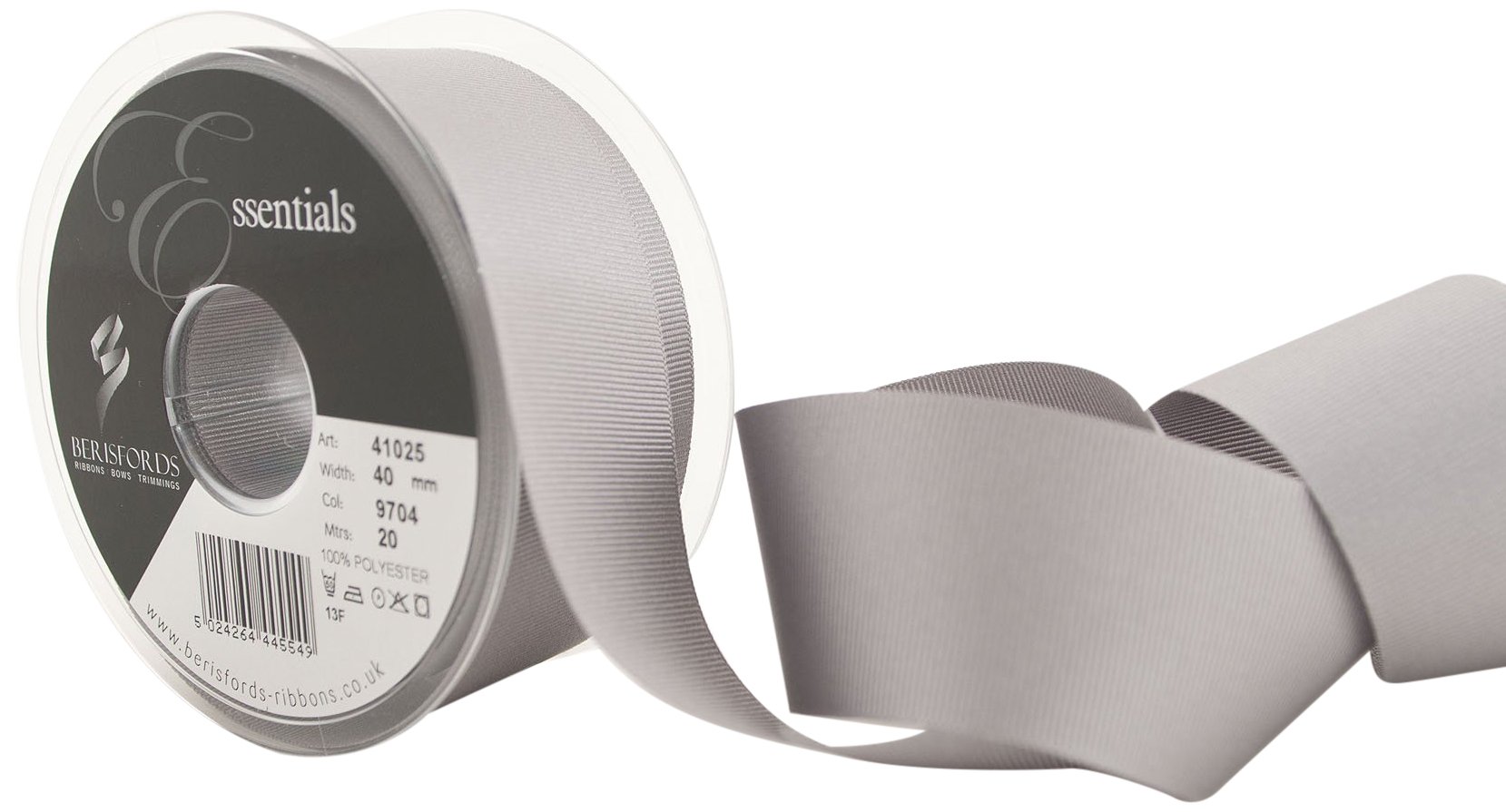 Berisfords 41025 20 m x 40 mm Polyester Grosgrain Ribbon, Grey — image 1