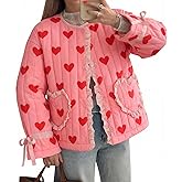 Tankaneo Womens Cropped Puffer Jacket Floral Print Open Front Quilted Jacket Bow Tie Heart Coat Lightweight Outerwear