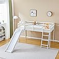 JOYMOR Bunk Bed with Curved Slide, Low Bunk Bed Twin Over Twin with Slide and Angled Ladder, Solid Pine Wood Frame,14" Safety Guardrail, Anti-Slip Steps (White, Twin)
