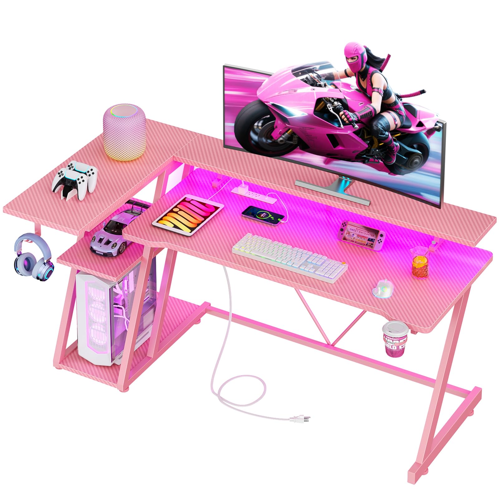 Korfile 55 Inch Pink Gaming Desk with Power Outlet & LED Lights, Corner Computer Desk with 3 Tiers Storage Shelves, L Shaped Gaming Desk with Monitor Stand for Bedroom