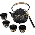 RekRang Longevity Crane Cast Iron Teapot, Japanese Style Tetsubin Tea Kettle with 4 Cups, Removable Infuser and Trivet, Antique Cast Iron Tea Set for Stove, 800ml, 28Ounce