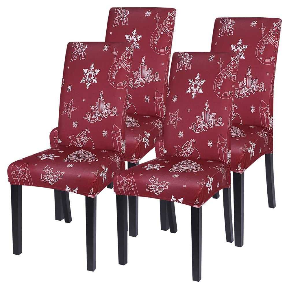SearchI Christmas Chair Covers Set of 4, Stretch Xmas Kitchen Chair Cover Removable Washable Holiday Parsons Chair Slipcovers for Dining Room, Christmas Decoration, Ceremony(Red Snowflake)