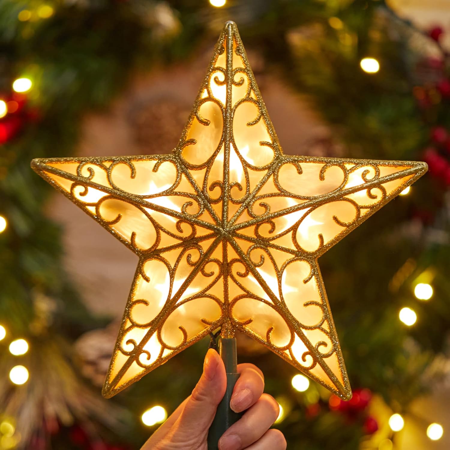 Tree Toppers - Christmas Star Tree Topper, Plug in Sliver Glittered 3D Star Tree Topper, Metal Hollow Designed Built-in 10 Bulbs String Lights for Indoor Office Christmas New Year Holiday Tree Decoration