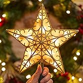 Christmas Star Tree Topper, Plug in Sliver Glittered 3D Star Tree Topper, Metal Hollow Designed Built-in 10 Bulbs String Lights for Indoor Office Christmas New Year Holiday Tree Decoration