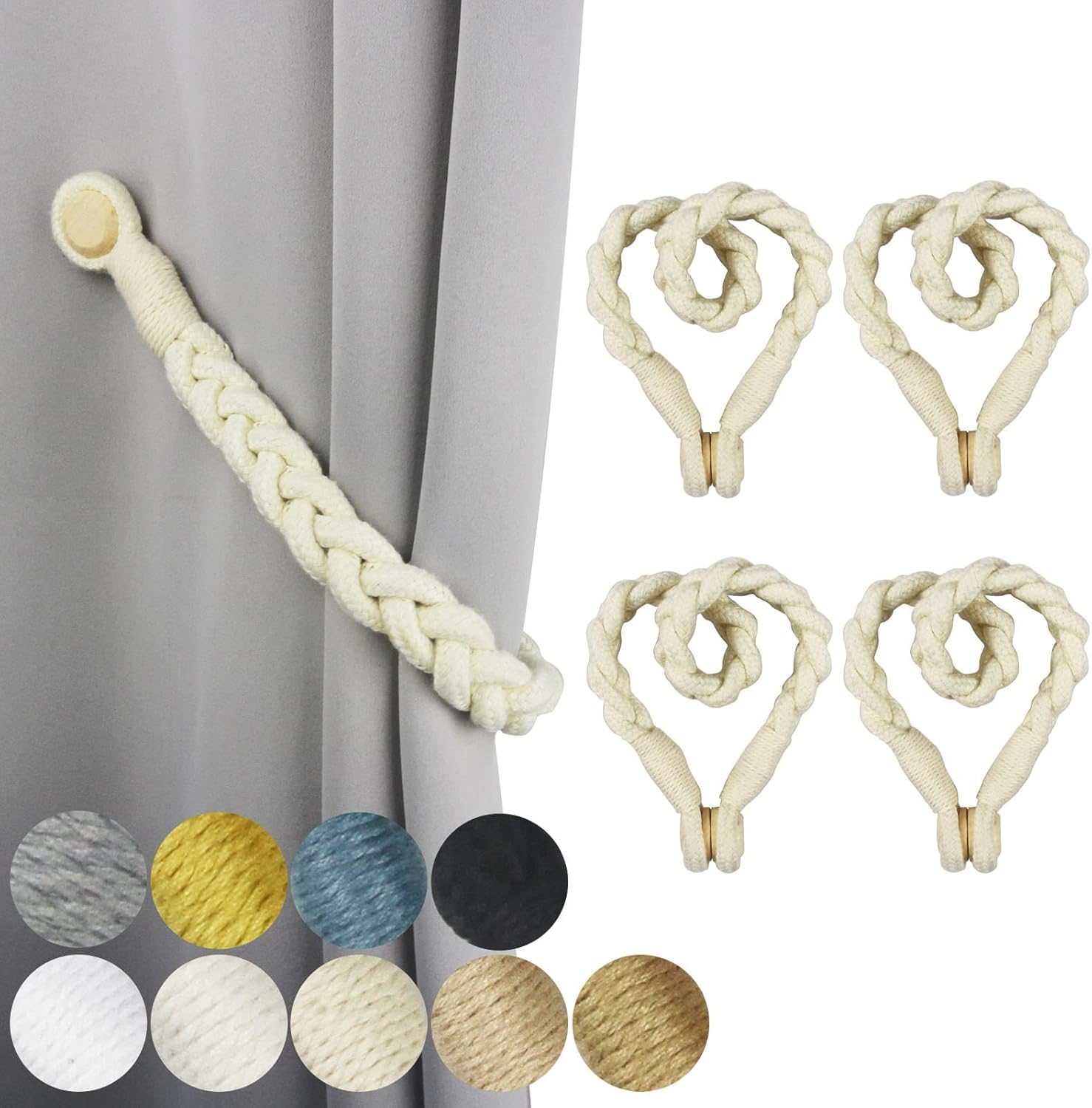 Window Treatment Hardware - Porlau 4 Pack Beige Magnetic Soft Curtain Tiebacks Cotton Hand-Woven Tieback Holdback Home Decorative Tie Backs with Durable Wooden Buckle for Home Office Decor