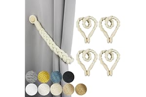Porlau 4 Pack Beige Magnetic Soft Curtain Tiebacks Cotton Hand-Woven Tieback Holdback Home Decorative Tie Backs with Wooden Buckle for Home Office Decor