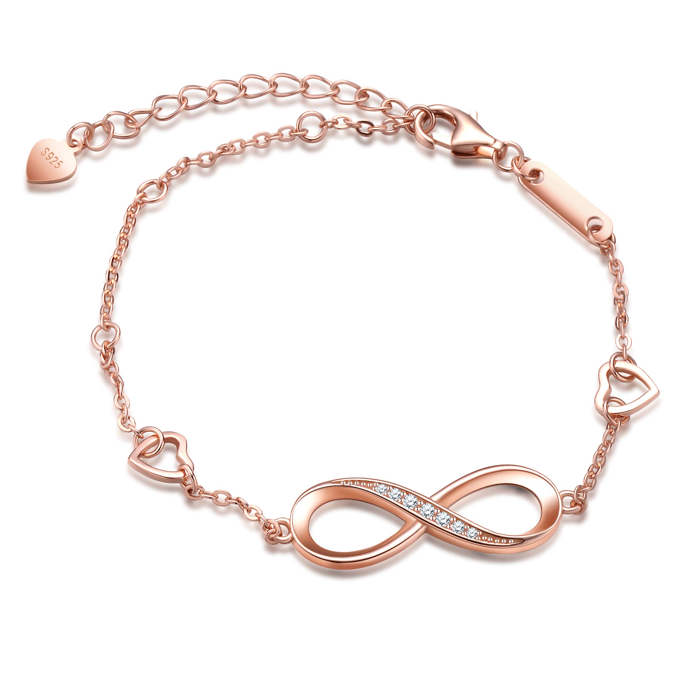 Infinity Symbol Ladies Bracelet, 925 Sterling Silver Inlaid zircon Bracelet, Adjustable Heart Bangle, Rose Gold, Christmas Birthday Gift
