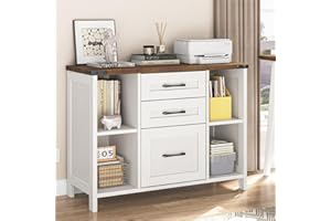 Vabches File Cabinet with 3 Drawers, Farmhouse Lateral File Cabinet Fits Files Letter/A4 Size, Wooden Filing Cabinet with Adjustable Shelves Printer Stand for Home Office, White