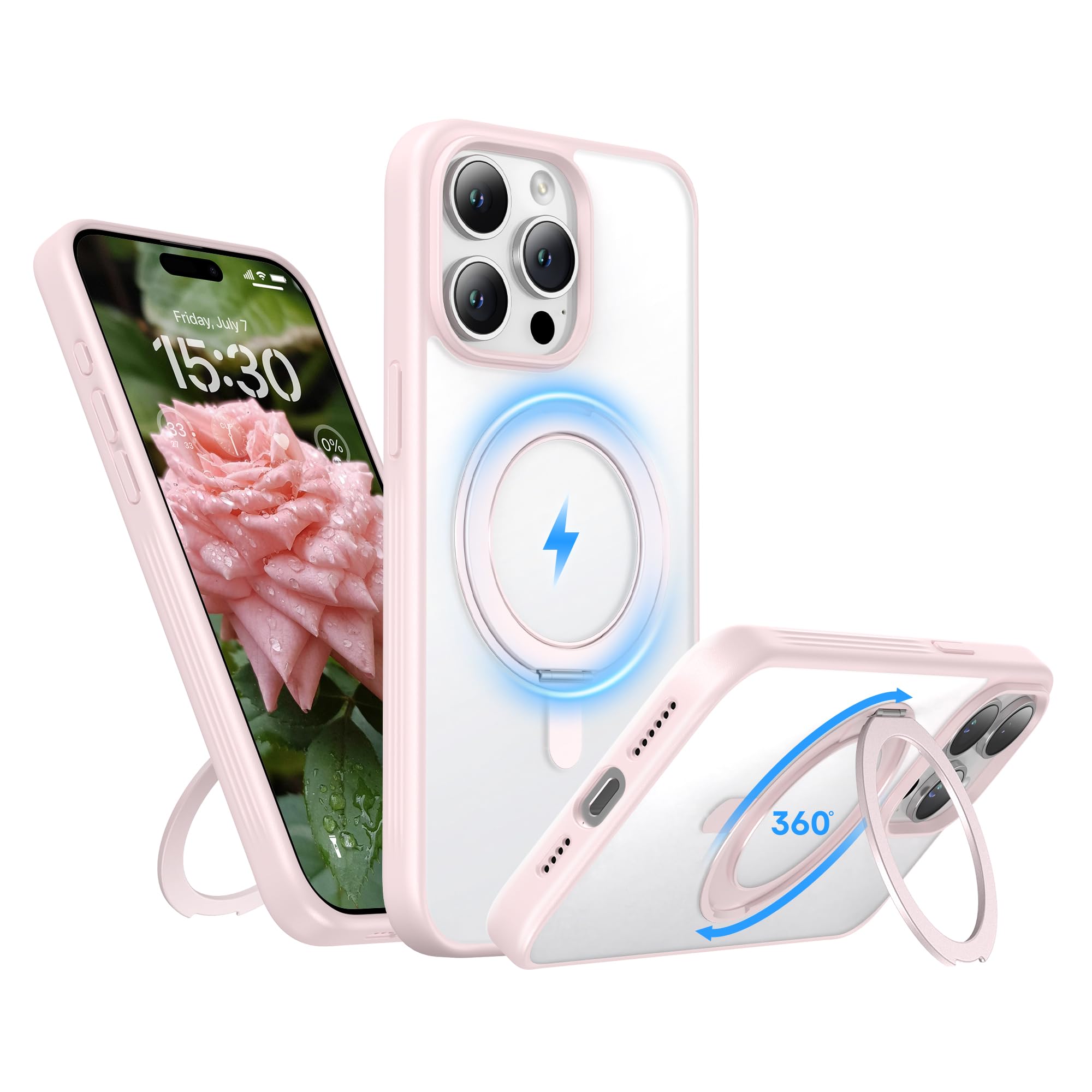 Niunisi Stand for iPhone 15 Pro Max Case, [Compatible with Mag Safe] 360° Rotatable Ring Holder Kickstand Military Shockproof Protective Case for iPhone 15 Pro Max 6.7 Inch, Pink