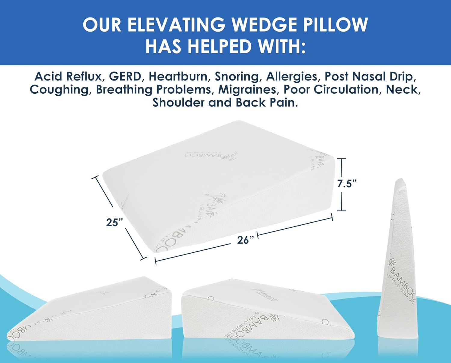 Relax Home Life 7.5 Inch Bed Wedge Pillow for Acid Reflux, 1.5 Inch Memory Foam Top with Bamboo Cover, 25" W x 26" L x 7.5" H, White: Home & Kitchen