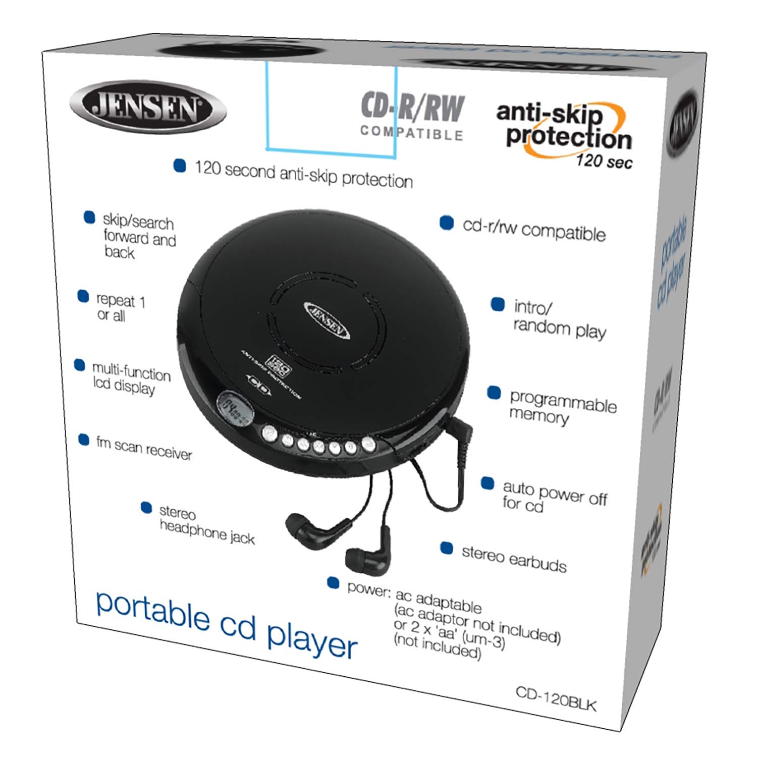 Jensen Portable CD-120 Portable Personal CD Player Compact 120 SEC Anti-Skip CD Player – Lightweight & Shockproof Music Disc Player & FM Radio Pro Sport-Earbuds for Kids & Adults (Black)