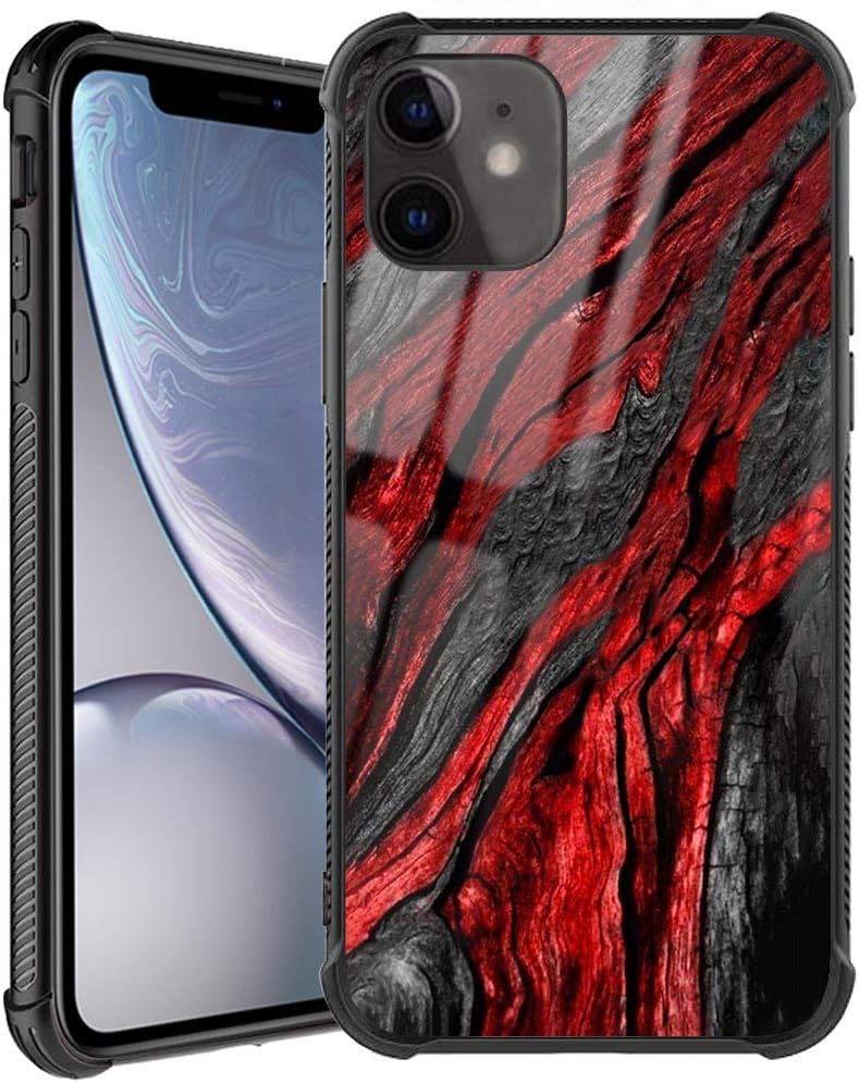Doulounan iPhone 11 Case, Black Red Wood Grain Pattern iPhone 11 Cases for Men Boy Slim Fit Tempered Glass Cover with Soft Silicone TPU Shockproof Bumper Case for iPhone 11 Case 6.1inch