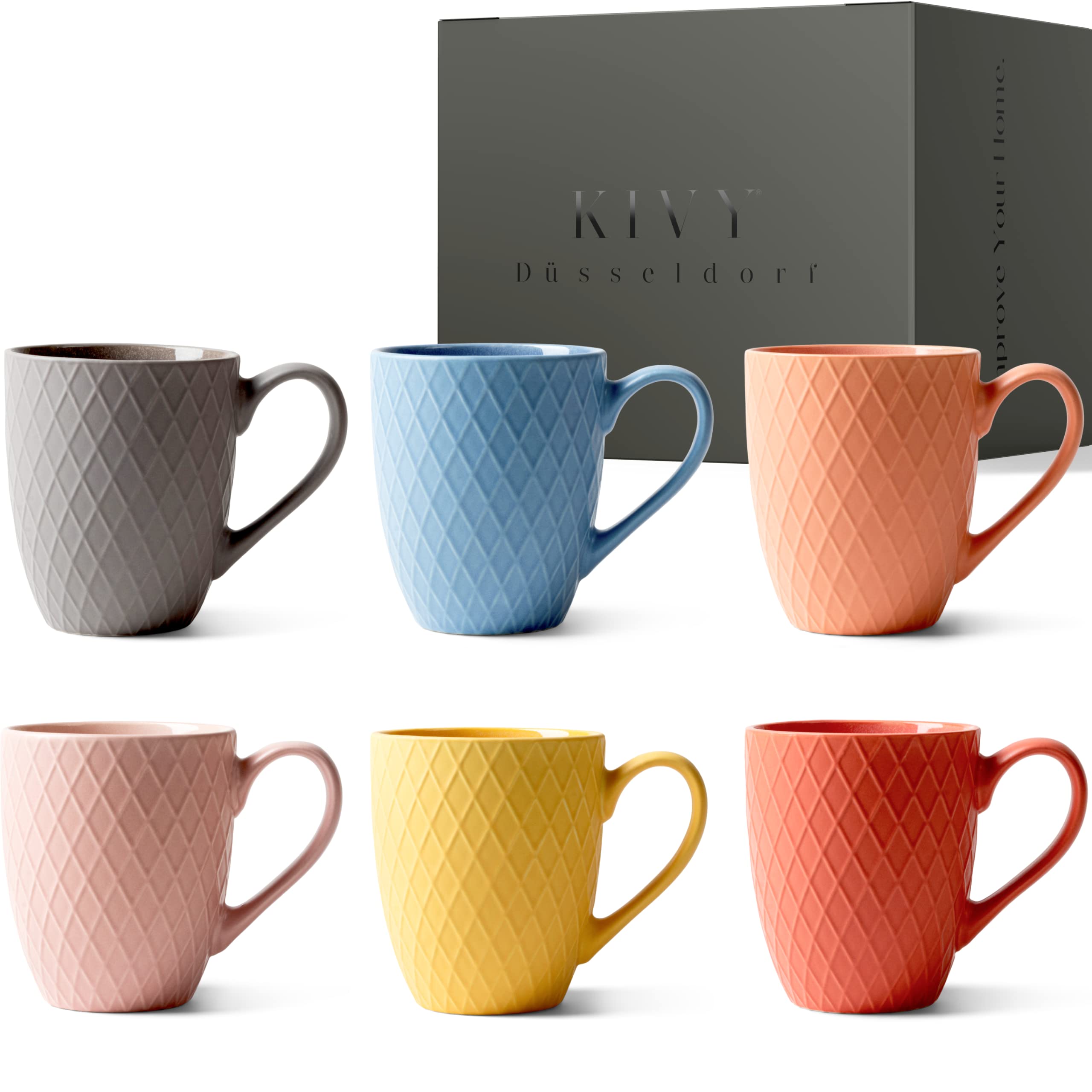 KIVY Coffee Cups Set of 6 [400 ml] - High-Quality Cups Set with Large Handle - Cups Set of 6 - Coffee Mug Set Matte - Tea Cups Set Modern - Ceramic Mug Large for Coffee & Tea - Coffee Cup