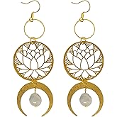 Lotus Flower Floral Statement Earrings Celestial Moon Blue Morganite Gemstone Boho Bohemian Handmade Jewelry Whimsical Spiritual Gift for Her