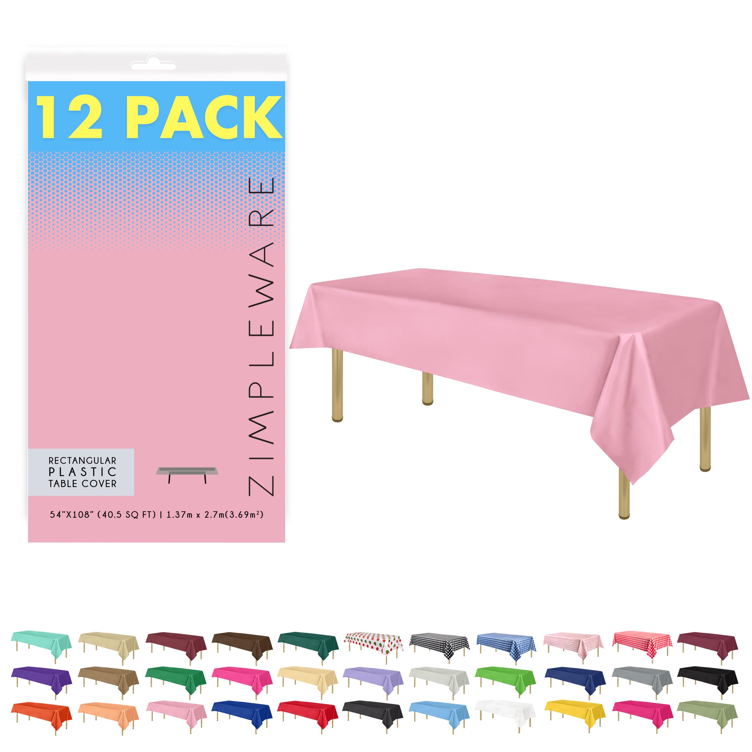 ZIMPLEWARE Premium Pink Plastic Table Cloth Disposable (12 Pk) Plastic Tablecloths for Rectangle Tables (54in x 108in) Party Table Cloths Disposable for 6ft to 8ft Rectangle Tables