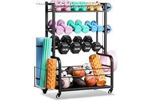 SKYPELIA Dumbbell Rack Weight Stand - 4-Tier Adjustable Weight Rack for Dumbbells, Home Gym Storage Rack for Yoga Mat Foam Roller Kettlebells, Workout Equipment Storage Organizer With Wheels and Hooks