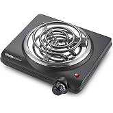 Elite Gourmet ESB100B Single Coiled Burner Hot Plate, Countertop, Black | Adjustable temperature control with indicator light, easy-to-clean design for quick, reliable electric cooking