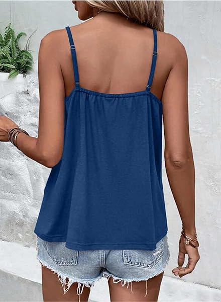 BLENCOT TANK TOP FOR WOMEN PLEATED SPAGHETTI STRAP CAMISOLE SUMMER SCOOP NECK LOOSE FIT CASUAL SLEEVELESS SHIRTS BLUE S