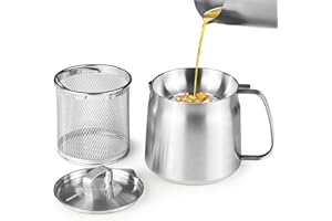 FIJINHOM Bacon Grease Container with Strainer, 304 Stainless Steel Grease Container for Kitchen with Dust-proof Lid & Basket, Dishwasher Safe Cooking Oil Container, 50oz/1.5L