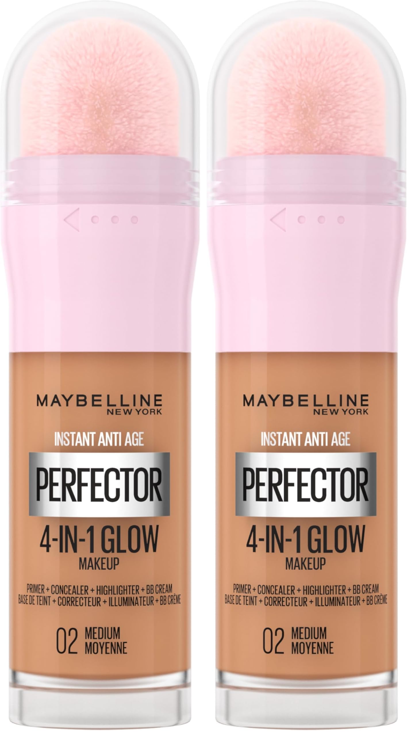 Maybelline New York Instant Anti Age Rewind Perfector, 4-In-1 Glow Primer, Concealer, Highlighter, Self-Adjusting Shades, Evens Skin Tone with a Glow Finish, Shade: 02 Medium (Pack of 2)