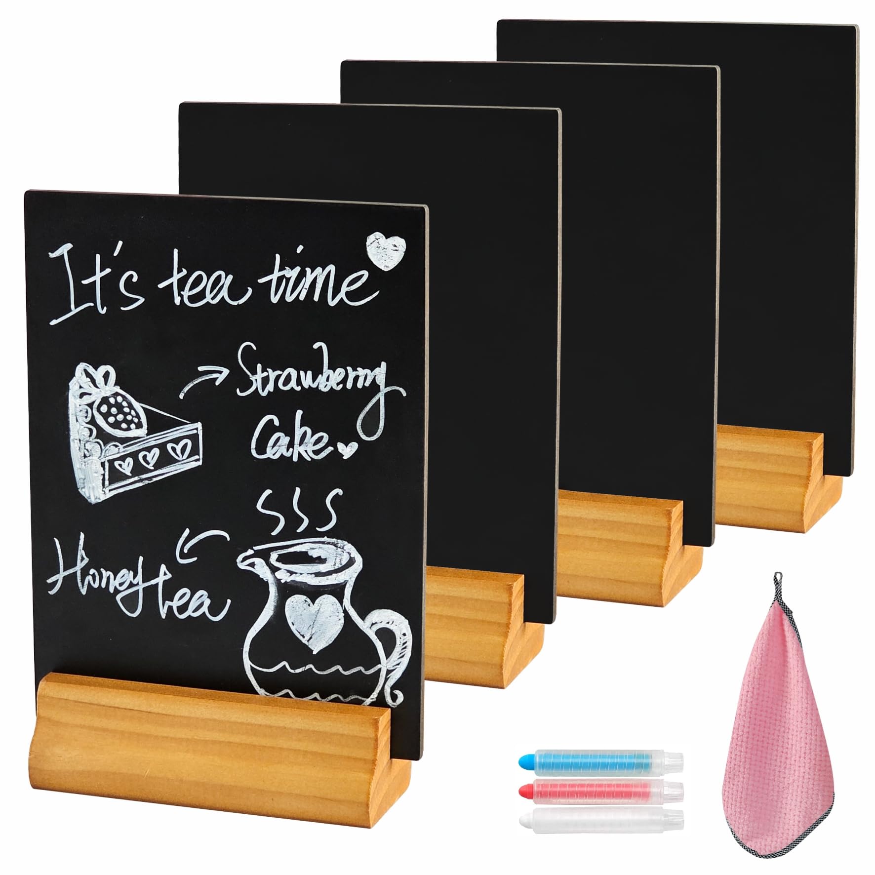 Chalkboard A5 Double Sided Table Top Blackboard with Solid Wooden Base for Weddings Bar Party 4 Pack