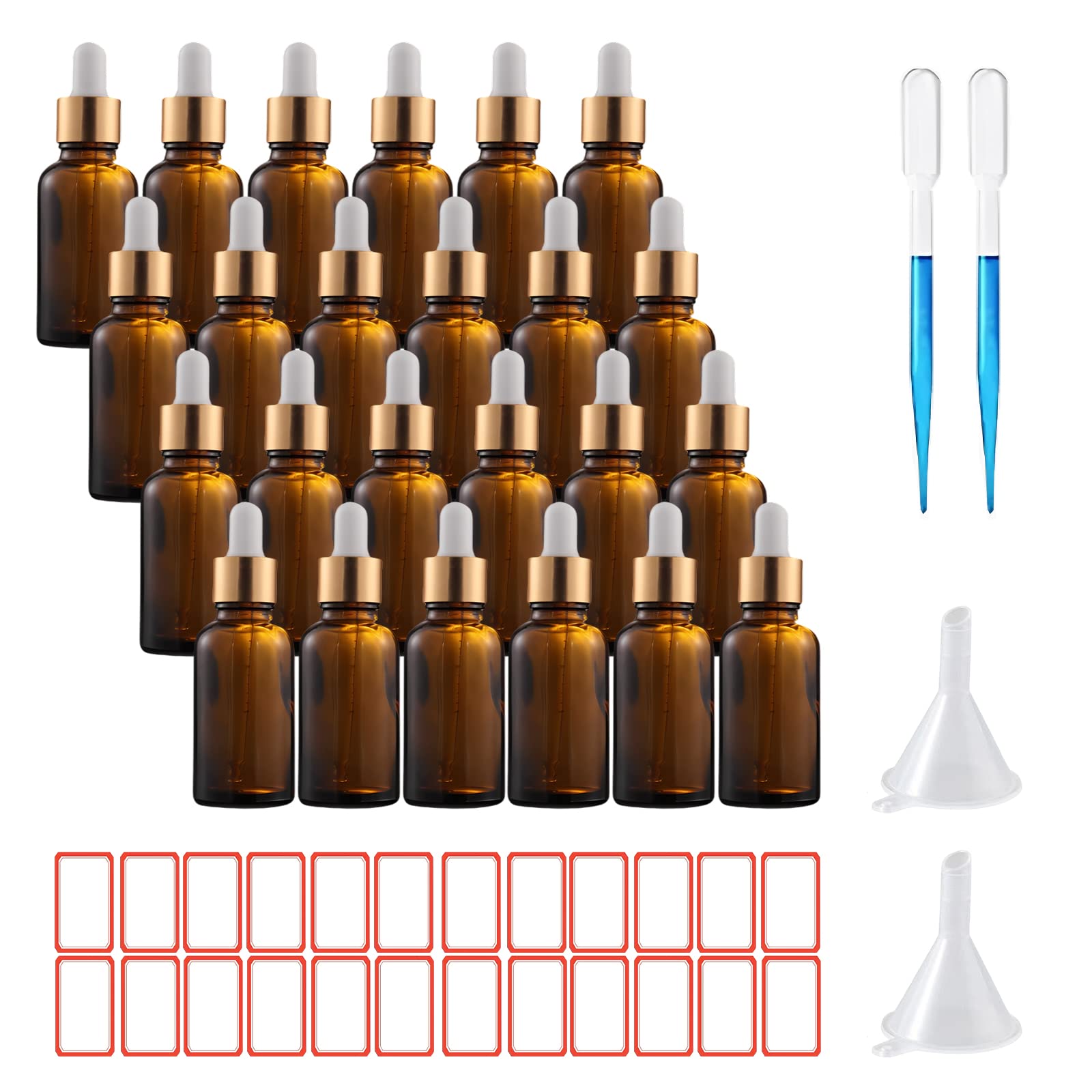 ToKinCen 24 x 30 ml Dropper Bottle Amber Glass Bottles with Glass Pipette Essential Bottles