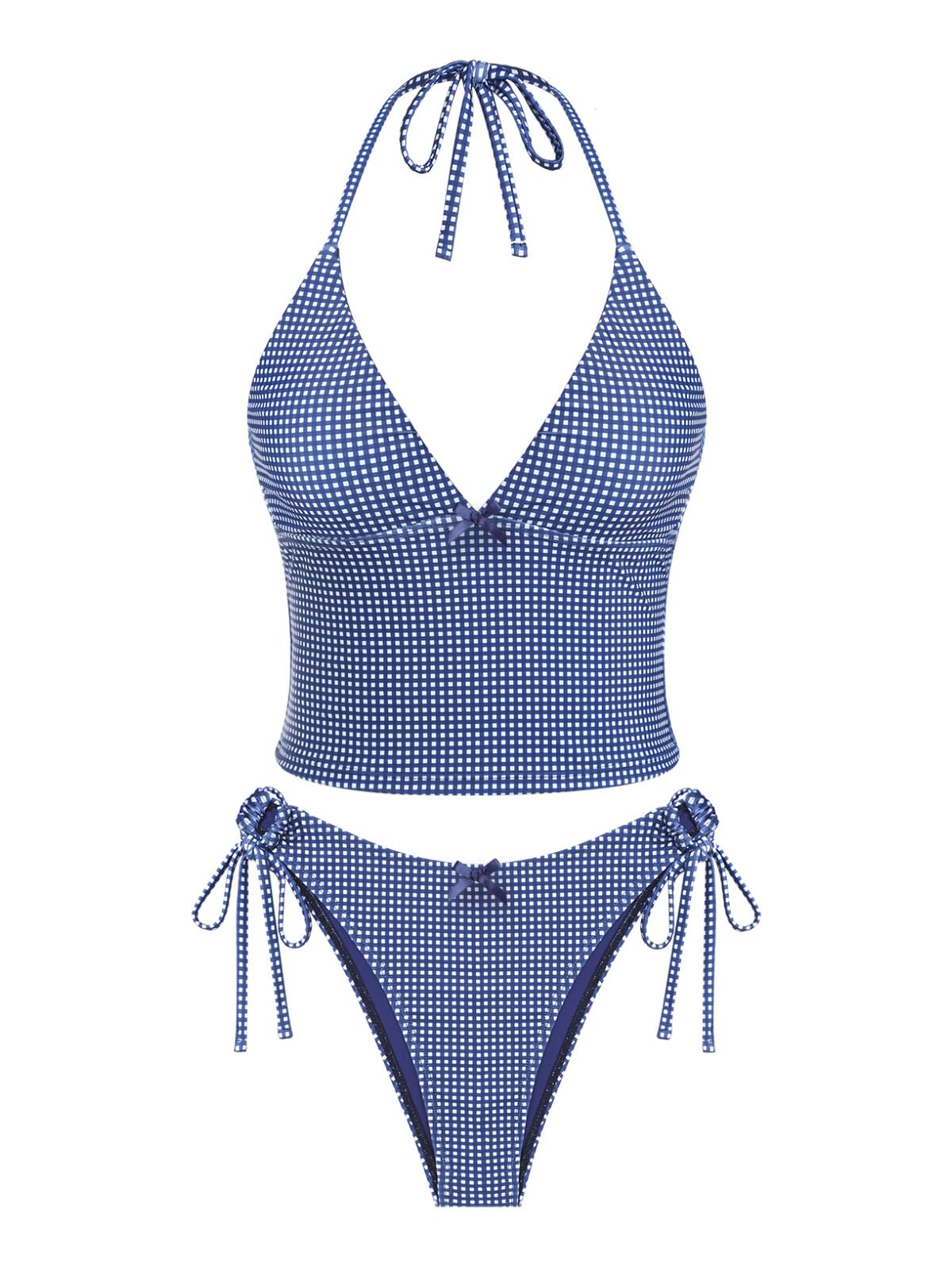 Photo 1 of seamoly Deep Blue Gingham Bowknot Decor Halter Cinched Tie Side Tankini Set, Blue, S