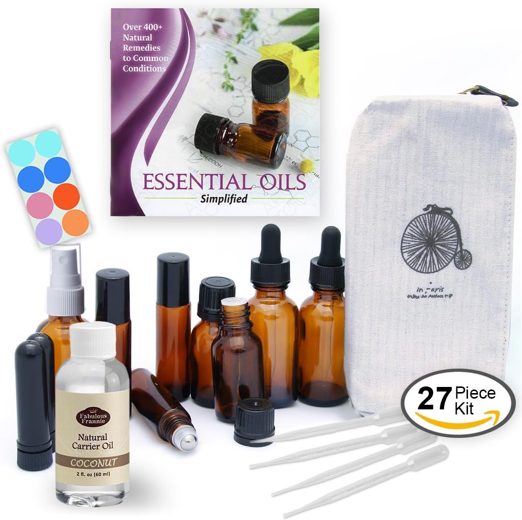 DIY Essential Oils Kit - 27-Piece Variety Set w/ Empty Bottles, Coconut Carrier Oil, Guide & Carrying Case, - great gift or starter set for mixing & blending, works with all brands for Aromatherapy