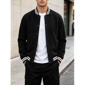 Men's Fleece Varsity Jacket Baseball Bomber Coat Snap Front Casual Athletic Outerwear