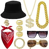 WQSOAFU 11PCS 80s Accessories for Men, 90s Hip Hop Costume Kit Old School Fake Gold Chain Rapper Party Outfits Accessories Halloween Party Decorations for Men Women