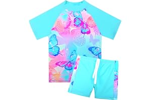 TFJH E Girls Short Sleeve Swimsuit Two Piece Swimwear UPF 50+ UV 3-12 Years