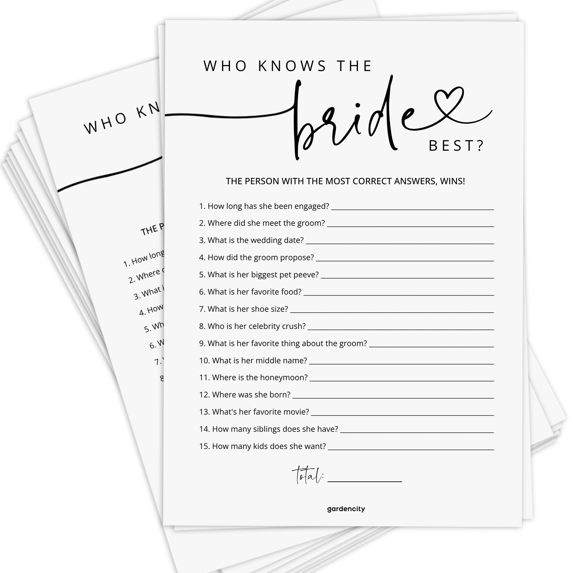 Photo 1 of GardenCity Bridal Shower Games, Who Knows The Bride Best Bridal Shower Game for 50 Guests, Minimalist