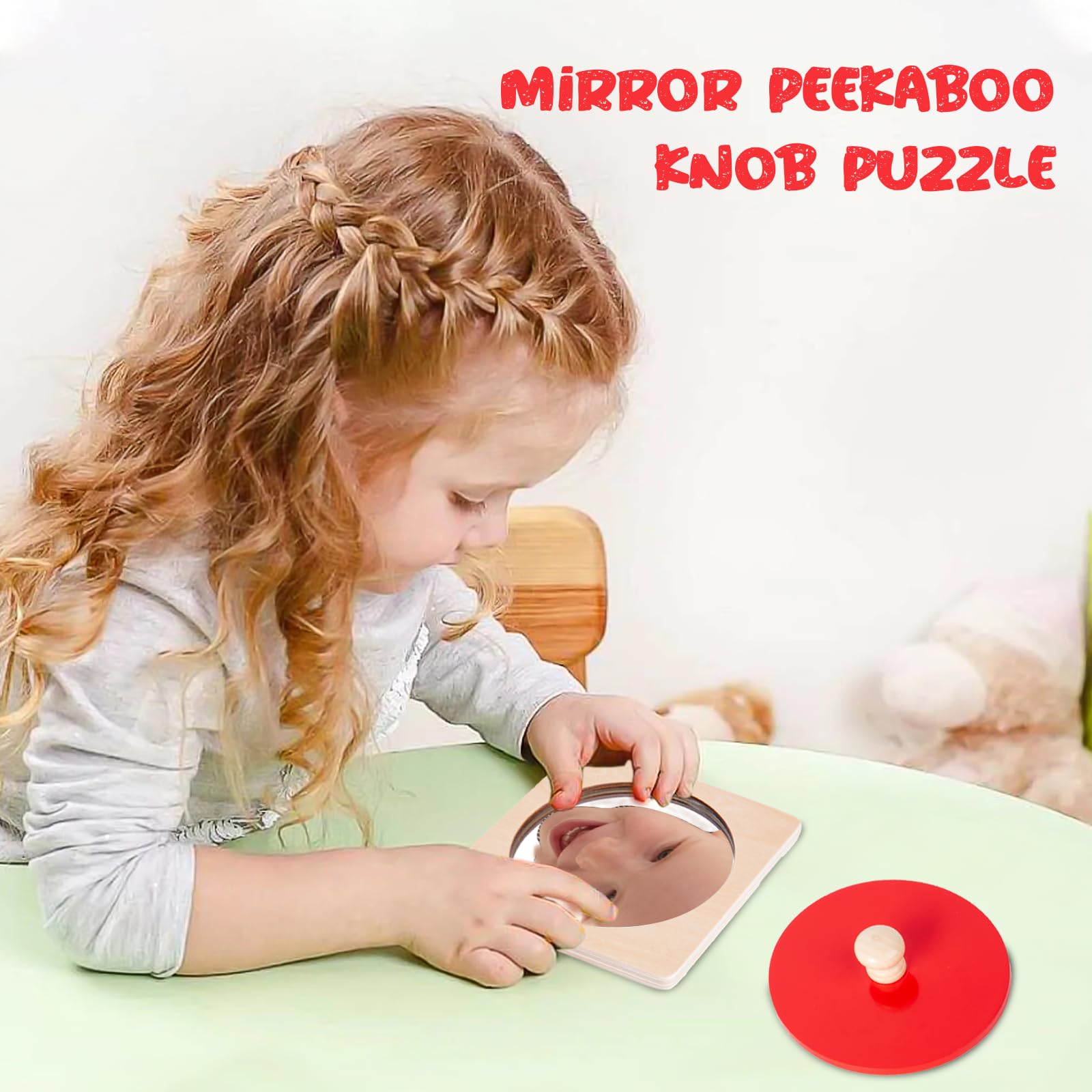 Montessori Baby Toys Play Kit Montessori Mirror Peekaboo Knob Puzzle, Medium Spinning Drum and Rainbow Fabric Ball Kit Toys for6-12Months Toddlers (Mirror Peekaboo Knob Puzzle)