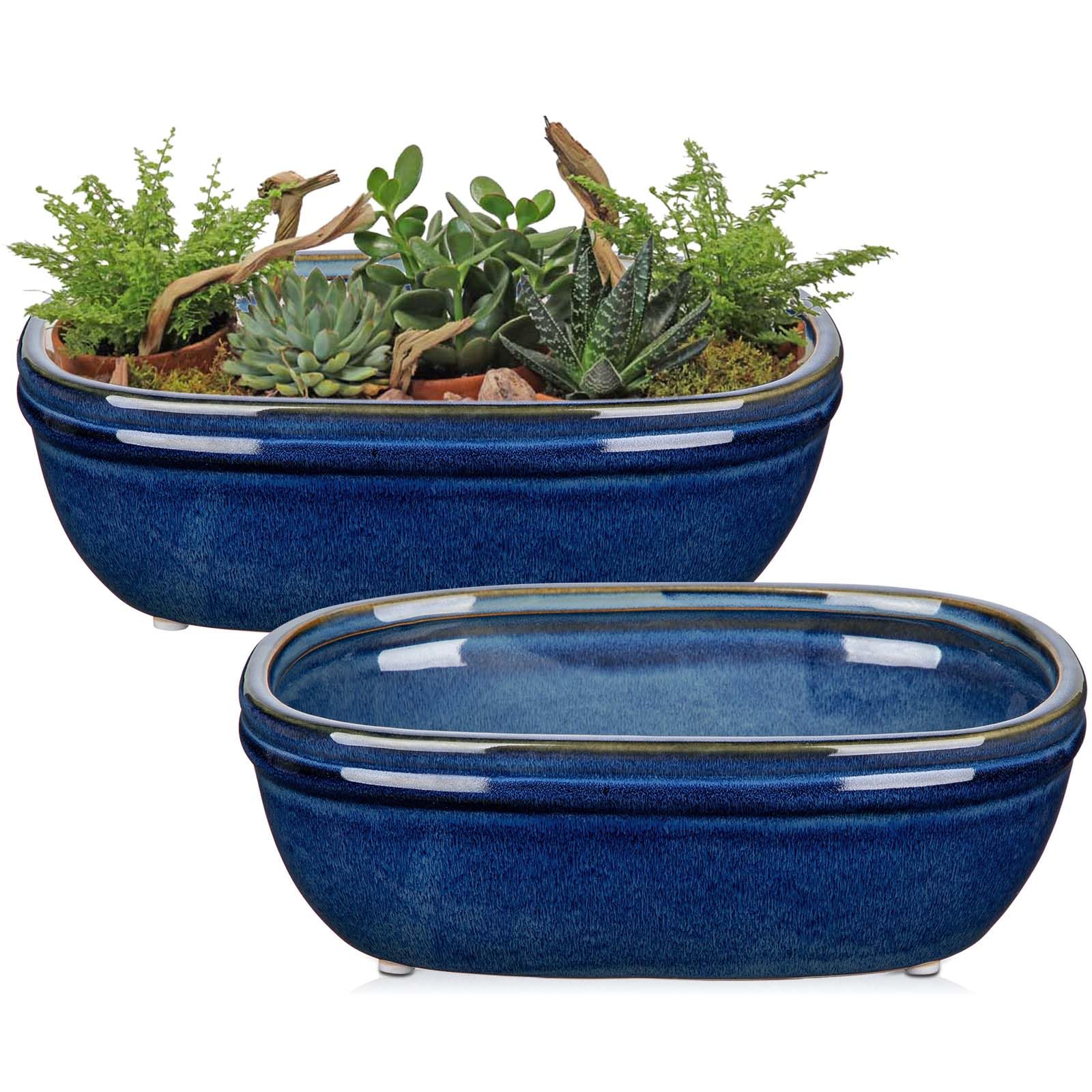 Photo 1 of DILATATA Set of 2 Oval Ceramic Bonsai Planter Pots (9.3” x 6.3”) – Glazed Succulent & Cactus Flower Pots Without Holes for Indoor & Outdoor Plants, Bonsai Tree Pot Decorative Garden Containers