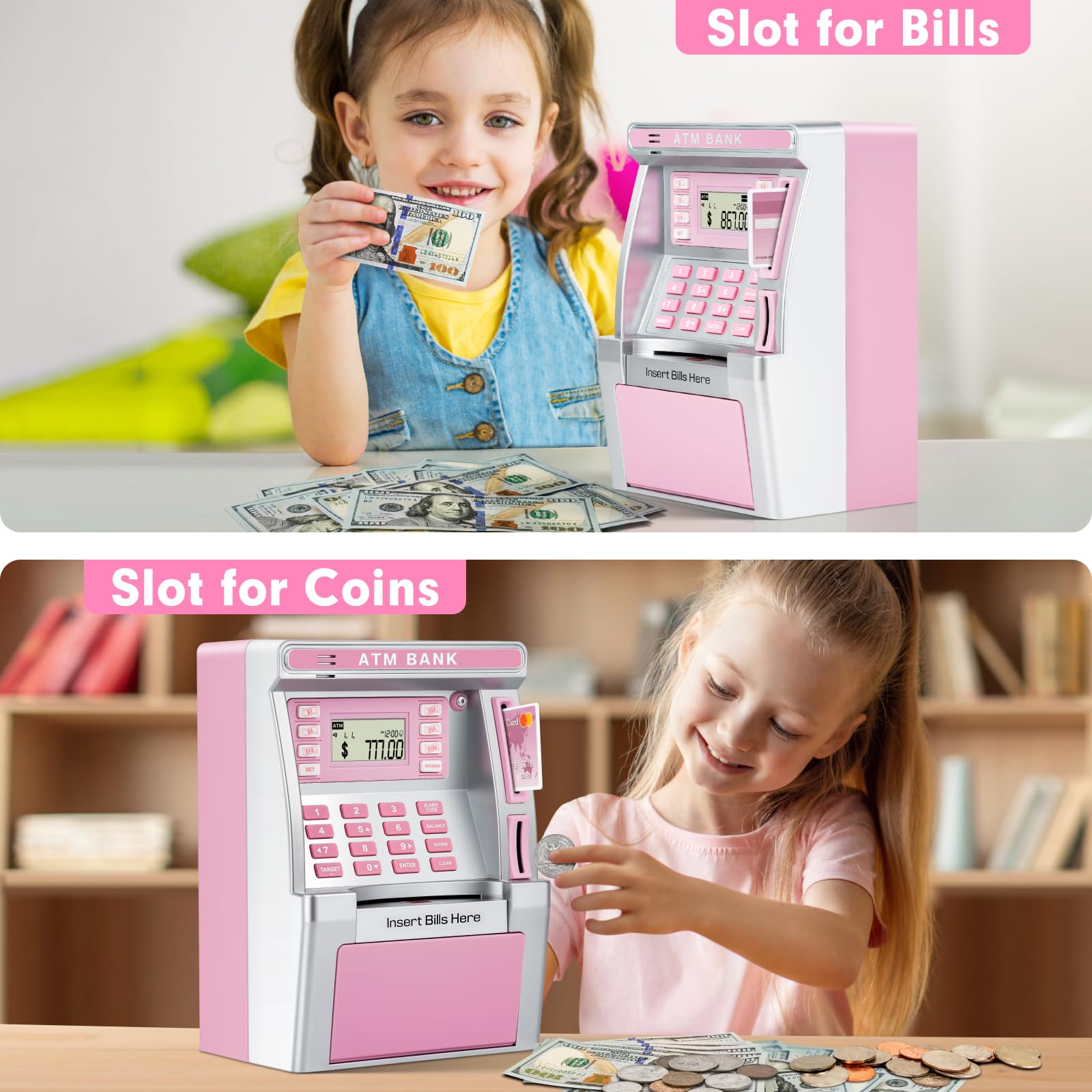 Pink Piggy Bank for Kids, ATM Machine Bank for Real Money with Debit Card, Bill Feeder, Coin Recognition, Balance Calculator, Electronic Savings Safe Box, Gifts for Teen Boy Girl
