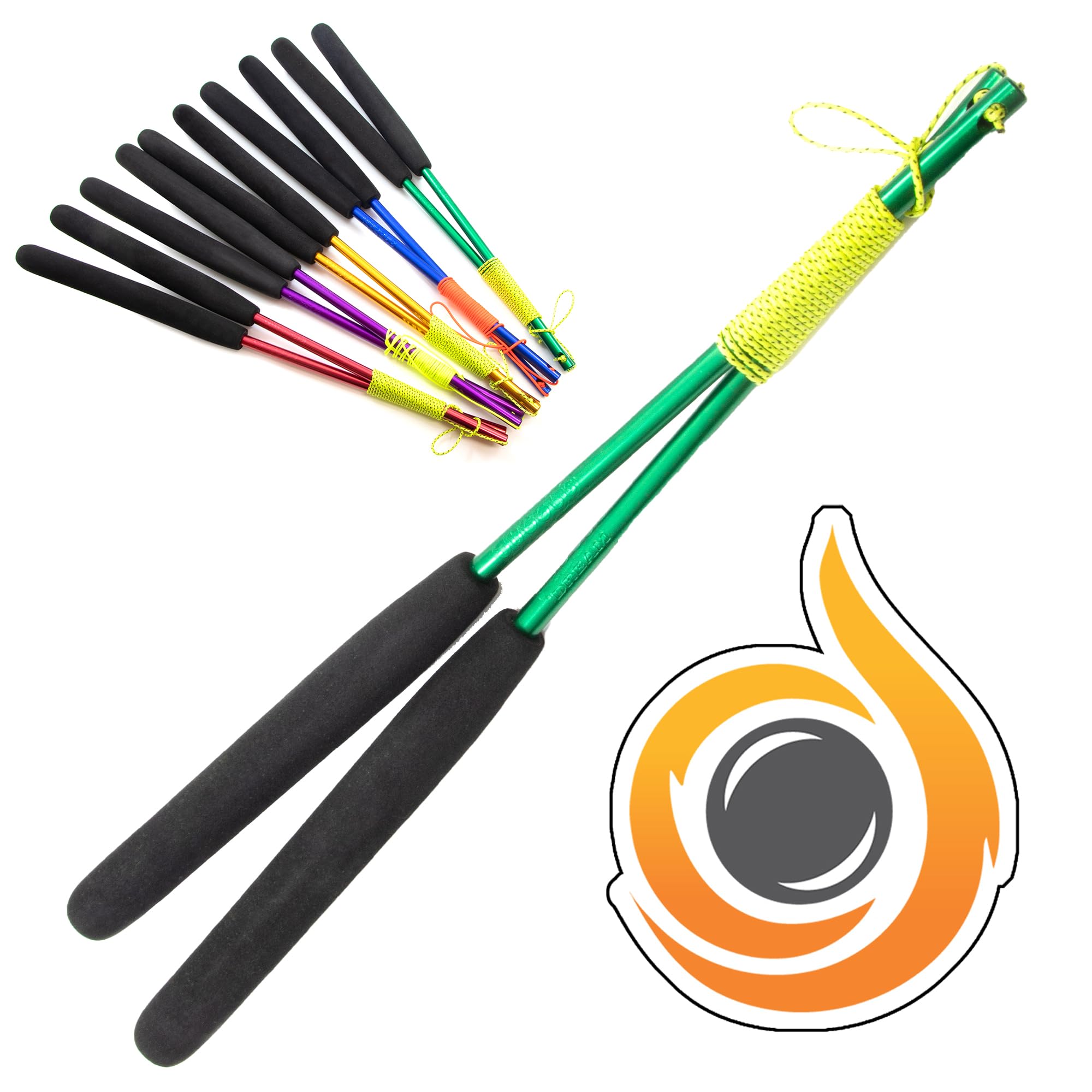 JD Pro Aluminium 'Metal' Diabolo Handsticks, Fitted With Super Smooth String - Pro Diablo Sticks With Cascade Sticker (Green)